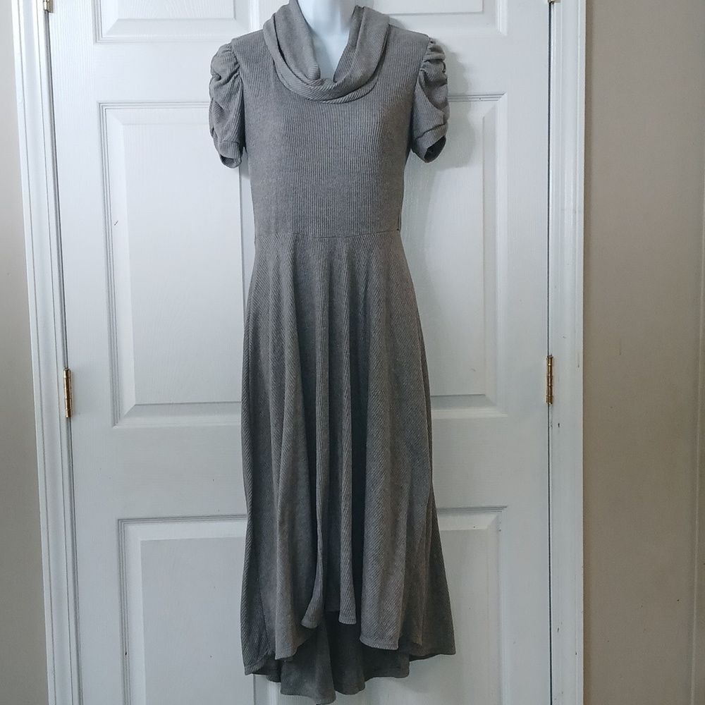 Signature by Robbie Bee gray ribbed gathered short sleeve cowl collar dress Sz M - Picture 1 of 9